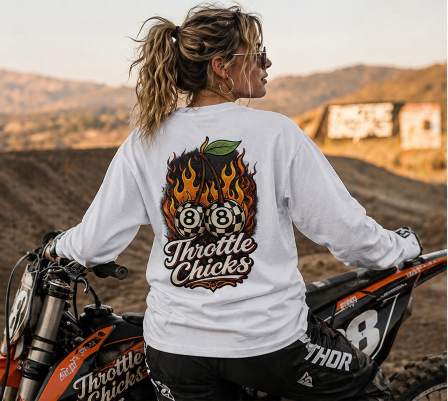 Throttle Chicks “Flame Cherry” Moto Crewneck – Women’s Powersports Lifestyle Sweatshirt