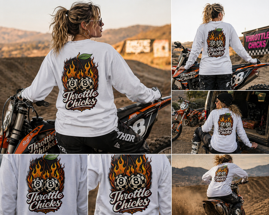 Throttle Chicks “Flame Cherry” Moto Crewneck – Women’s Powersports Lifestyle Sweatshirt