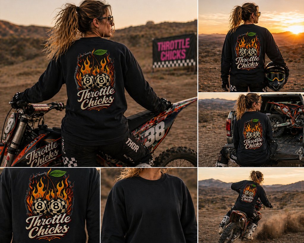 Throttle Chicks “Flame Cherry” Moto Crewneck – Women’s Powersports Lifestyle Sweatshirt